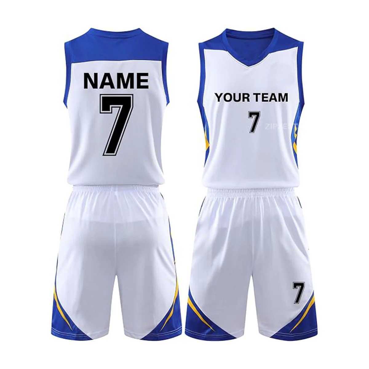 white and royal blue basketball uniform